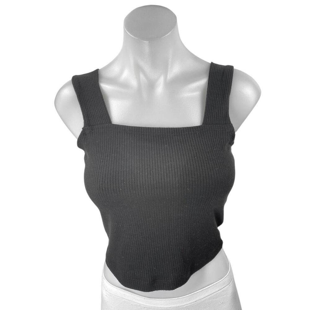 Aqua Women's Black Rib Knit Sleeveless Square Neck Cami Camisole Crop Tank Top S